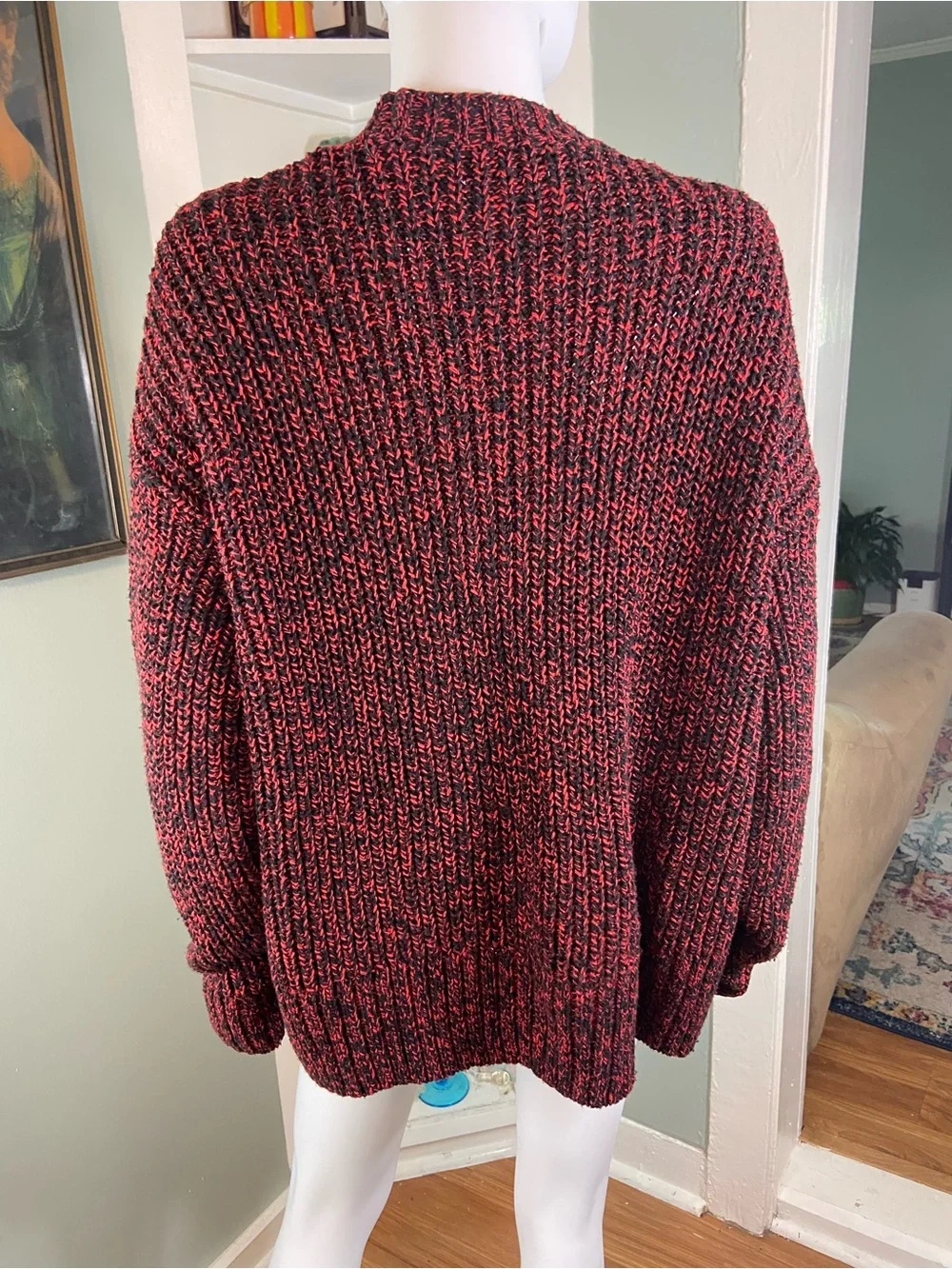 Zara Chunky Marled Space Dyed Red-Black Cardigan Sweater Oversized Medium M - Picture 4 of 10